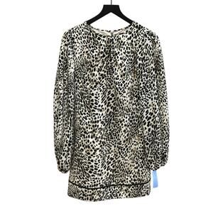 LDT Elizabeth Beige Black Animal Print Long Sleeve Mini Shift Dress Size 2